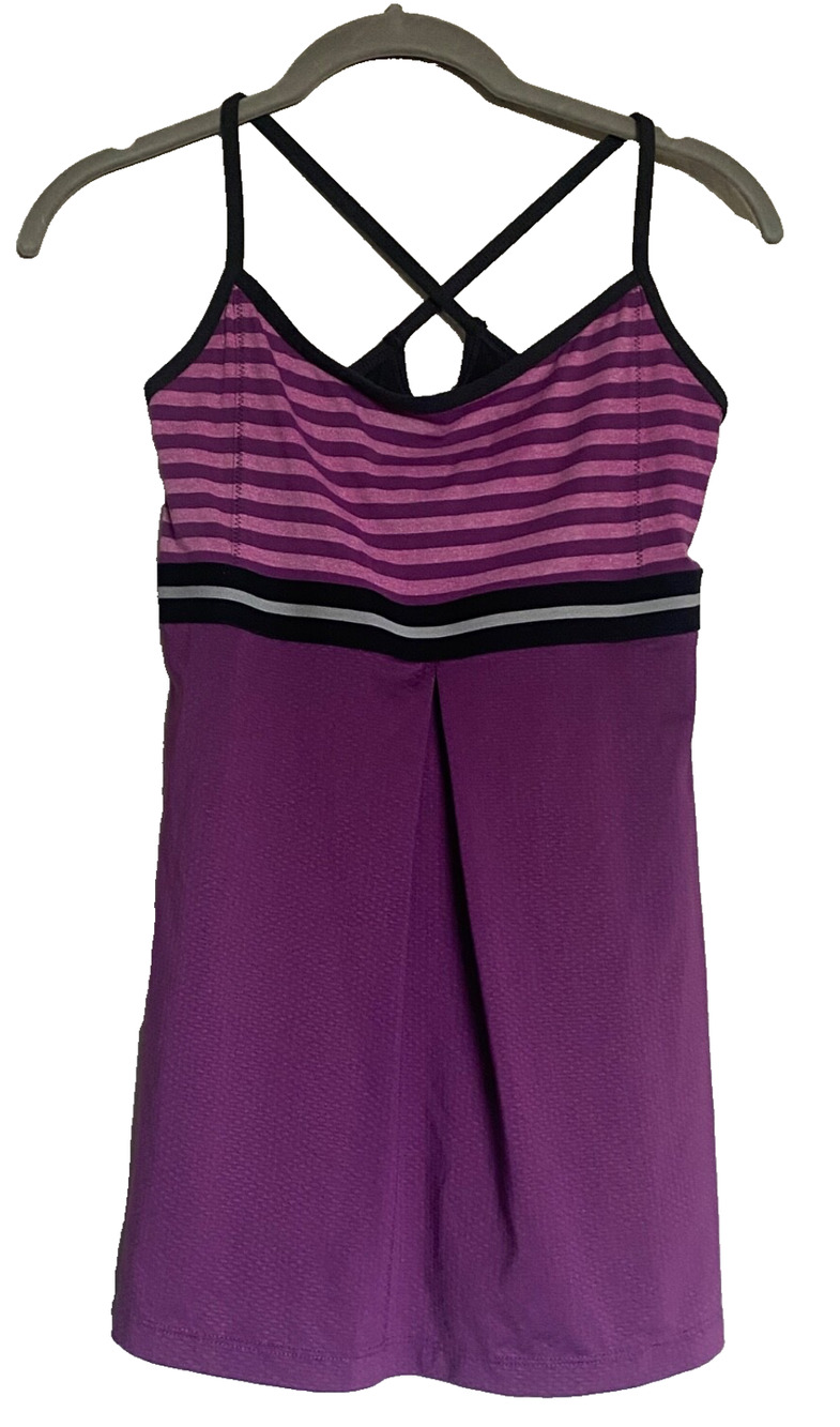 Lucy Power Athletic Tank Top Striped Built-In Bra Criss Cross Straps Purple S